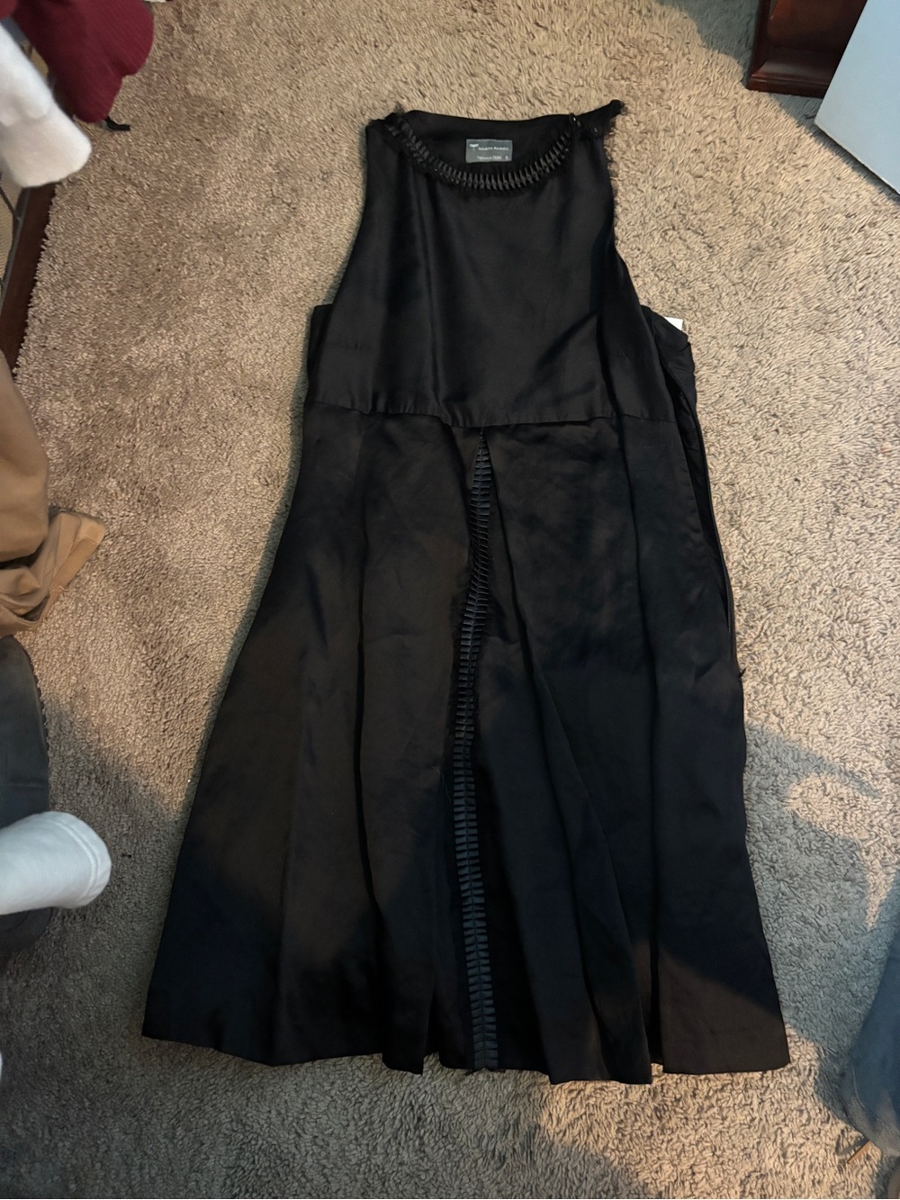 Sleeveless Black Midi Dress with Ladder-Trim Detail